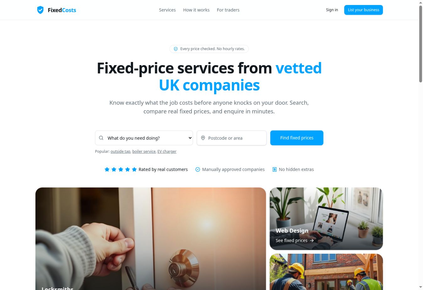 Fixed Costs marketplace homepage showing its service search and fixed-price service categories