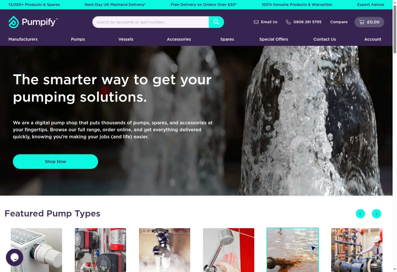 Pumpify homepage showing its purple navigation and pump product categories