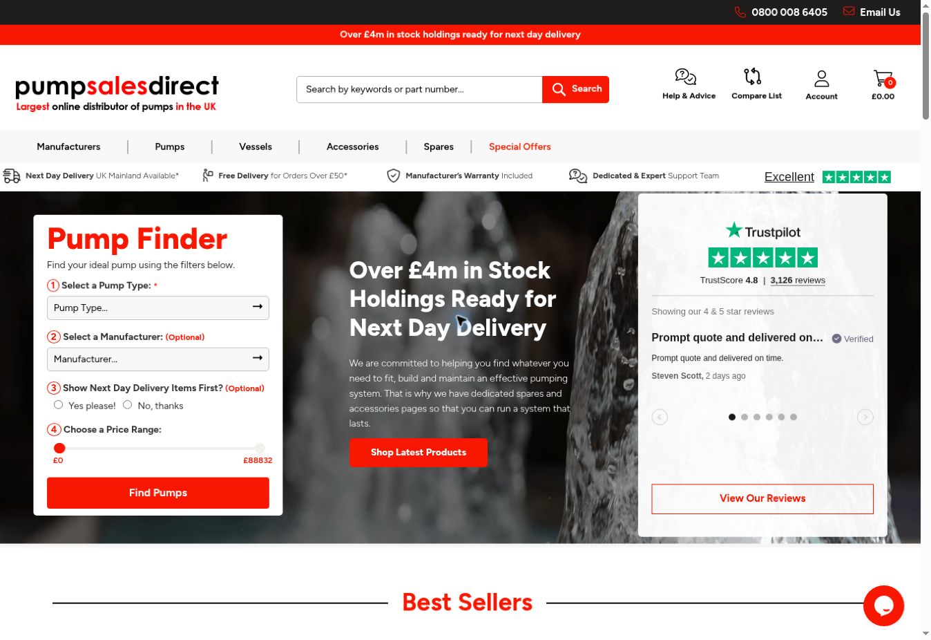 Pump Sales Direct homepage showing its product category navigation and pump listings