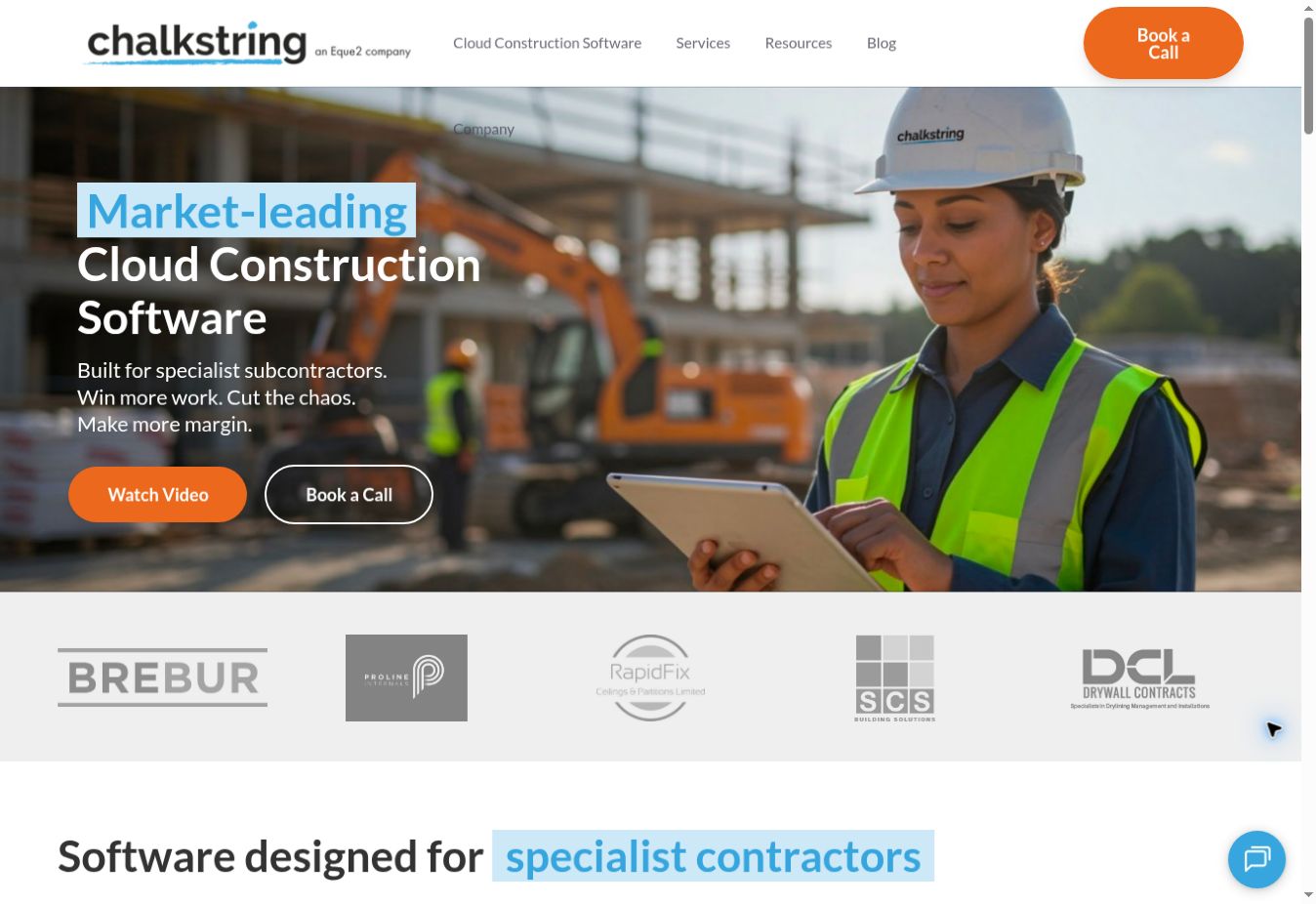 Chalkstring homepage showing its construction software marketing content